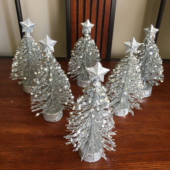 6 Silver Glitter Tabletop Decor Star Topped Bottle Brush Christmas Trees - Picture 4 of 16